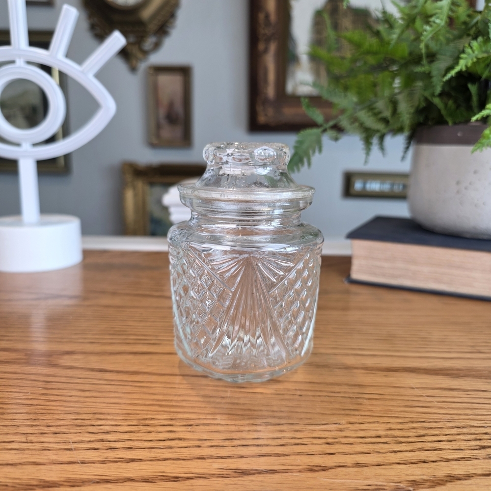 Vintage Glass Rose Embossed Apothecary Jar with Lid - Sunburst & Diamond Cut